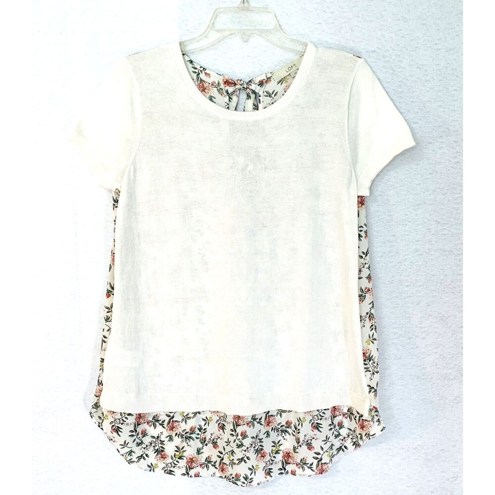 LOFT Women Tunic Size S Ivory Floral Knit Silky Round Hem Cottage Boho Fairy
